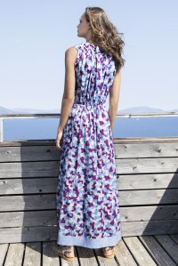 Printed cotton voile gathered dress with knitted details blue-violet