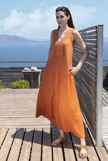 Linen blend  sleeveless midi dress with knitted details orange