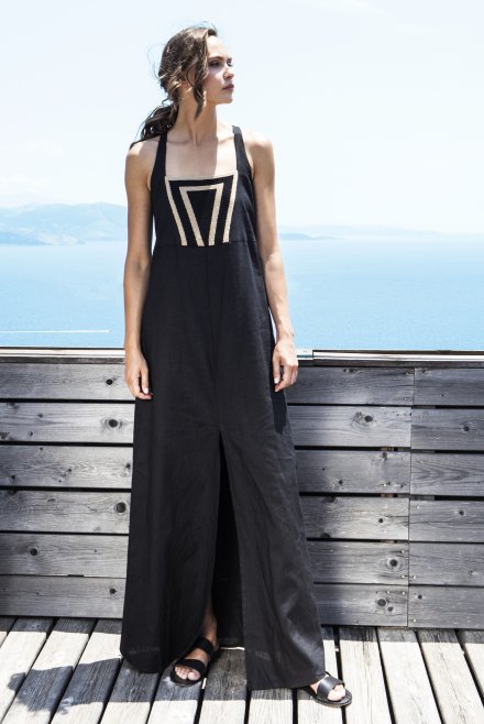 Linen maxi  dress with knitted details black