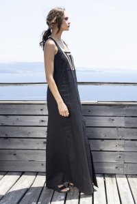 Λινό μακρύ φόρεμα με πλεκτές λεπτομέρειες black