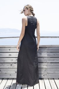 Λινό μακρύ φόρεμα με πλεκτές λεπτομέρειες black