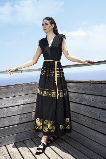 Emproidered jaquard geometrical pattern maxi dress with knitted details black-gold