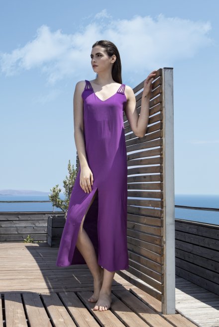Crepe marocaine dress with knitted handmade details hyacinth  violet