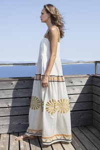 Emproidered jaquard abstract pattern maxi dress with knitted details ivory-gold-black-orange
