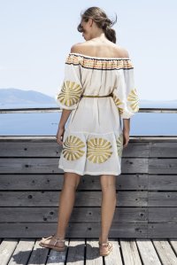 Emproidered jaquard abstract pattern dress with handmade knitted details ivory-gold-black-orange
