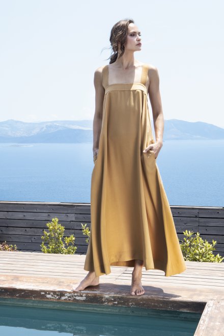 Tencel dress with knitted straps summer camel