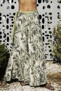 Linen  blend leaf print skirt with knitted details green - ivory