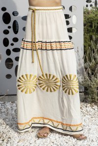 Emproidered jacuard abstract pattern skirt ivory-gold-black-orange