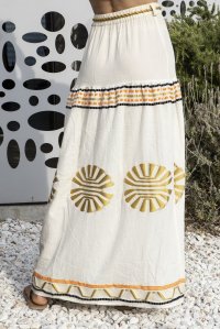 Emproidered jacuard abstract pattern skirt ivory-gold-black-orange