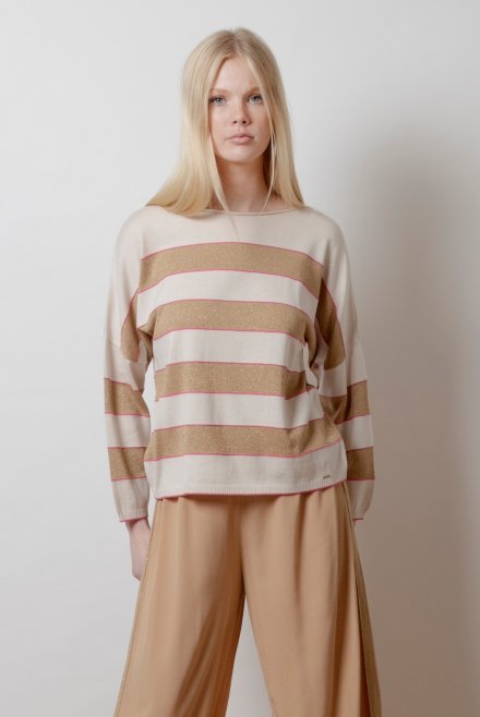 Lurex-cotton blend striped sweater light beige-tan gold-fuchsia