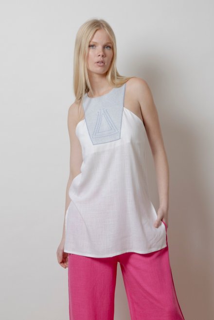 Linen blend sleevless top with knitted details ivory