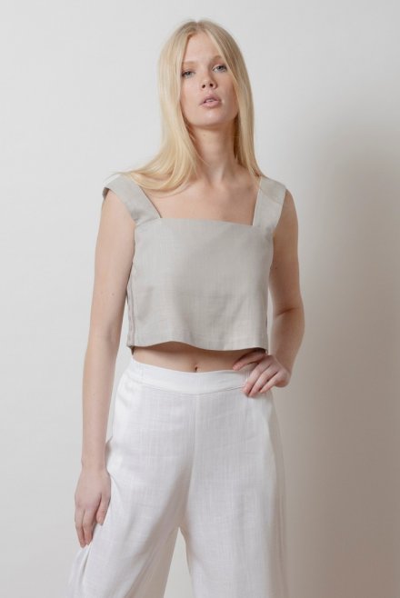 Linen blend cropped  top with knitted details ice