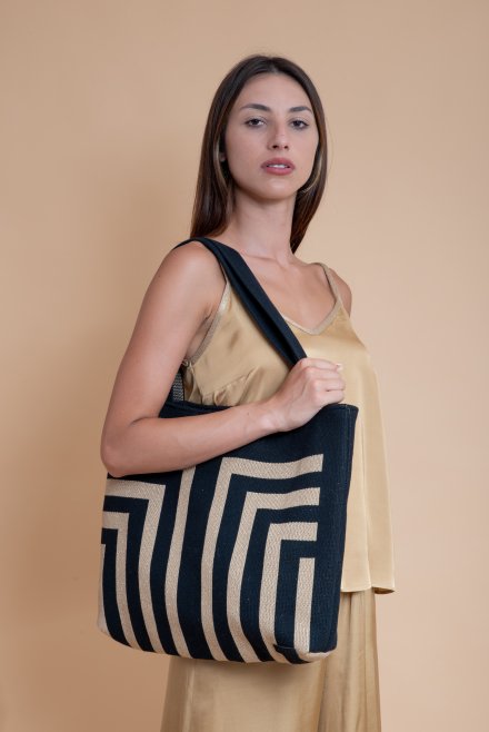 Cotton lurex geometric pattern tote bag black-tan gold