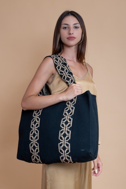 Cotton-lurex two-tone tote bag black-tan gold