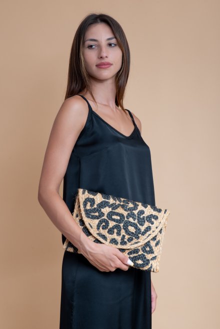 Jute leopard clutch bag natural beige-black