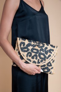 Jute leopard clutch bag natural beige-black