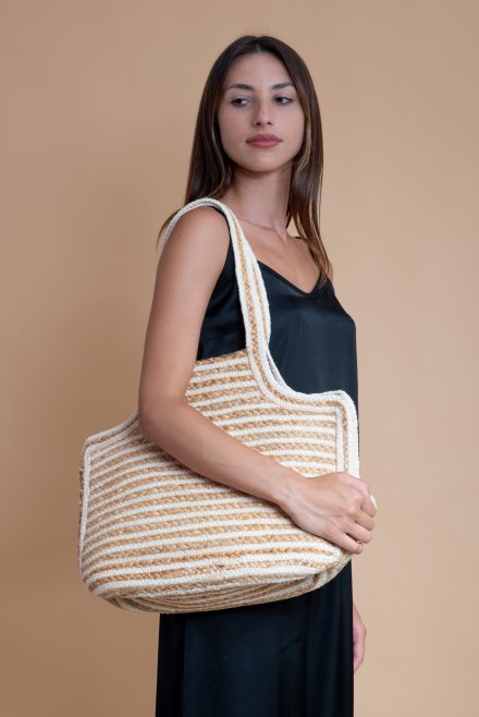 Jute-cotton striped tote bag natural beige-ivory