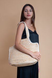 Jute-cotton striped tote bag natural beige-ivory