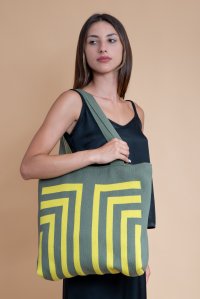 Cotton blend geometric pattern tote bag khaki-lime