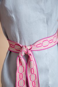 Cotton blend jacquard handmade fringed tie belt alabaster-peach-fuchsia