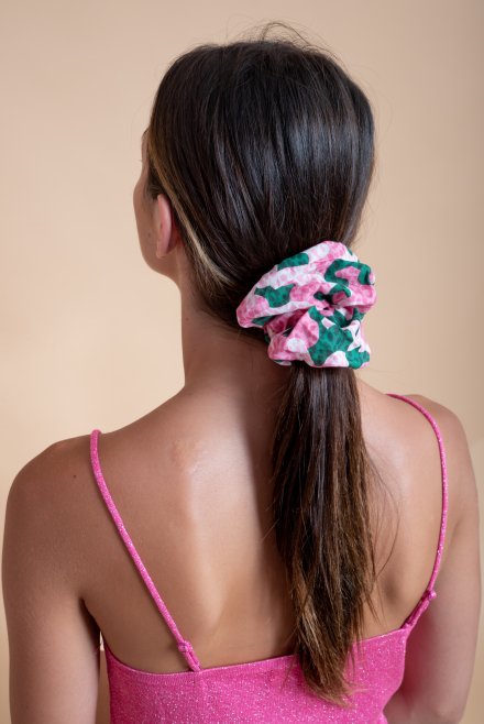 Printed cotton voile scrunchie pink-green