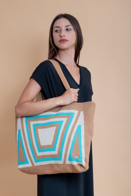 Cotton blend three tone tote bag chocolate-alabaster-turquoise