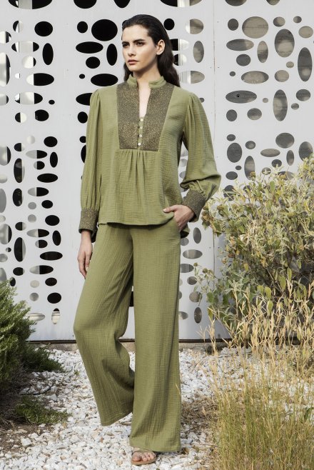 Cotton double gauze blouse with knitted details khaki