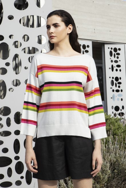 Cotton blend multicoled striped sweater ivory-lime-fuchsia-red-sugar coral-bright green-black