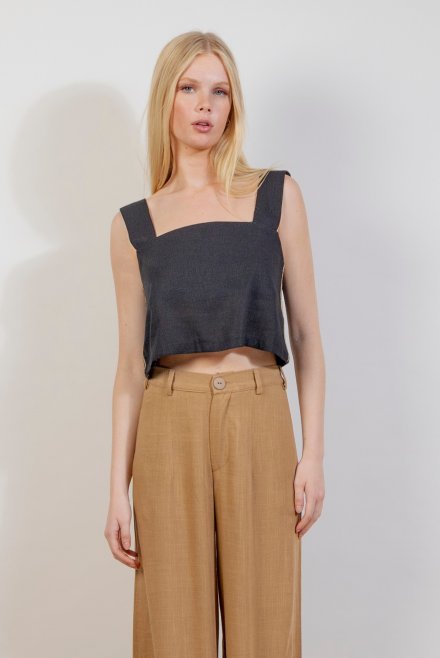 Linen blend cropped  top with knitted details black