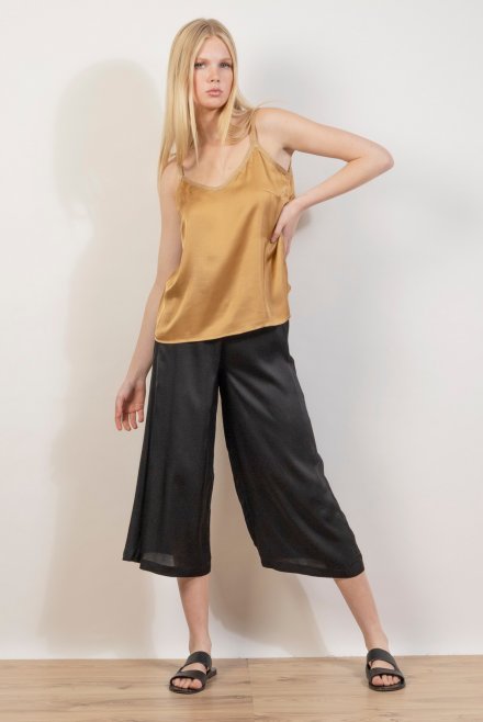 Satin basic camisole top with knitted details gold