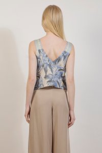 Linen blend leaf print sleevles top with knitted details ciel- ivory