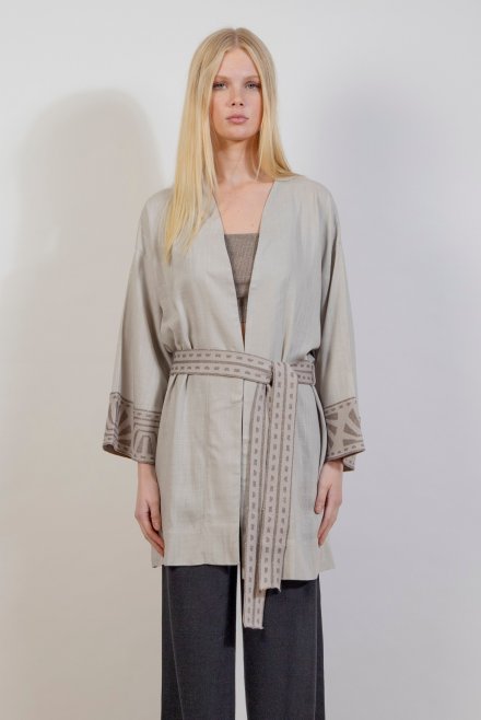 Linen blend kimono with knitted details ice