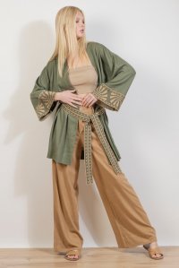 Linen blend kimono with knitted details khaki