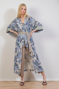 Linen blend  leaf  print kimono with knitted details ciel- ivory