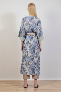 Linen blend  leaf  print kimono with knitted details ciel- ivory