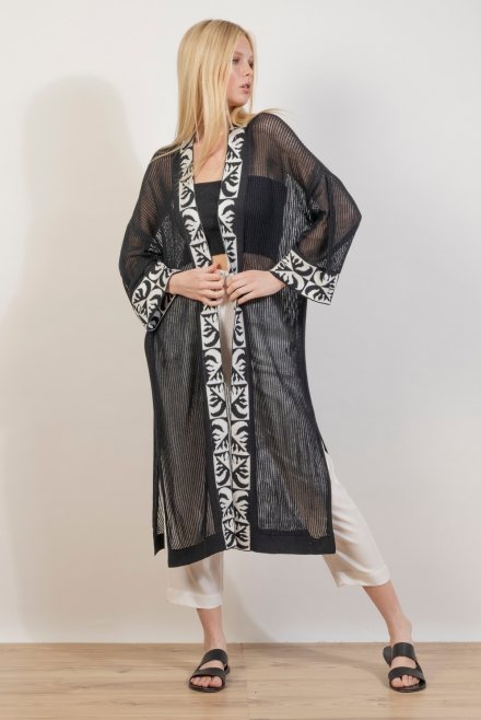 Cotton blend kimono with jaquard details black-ivory