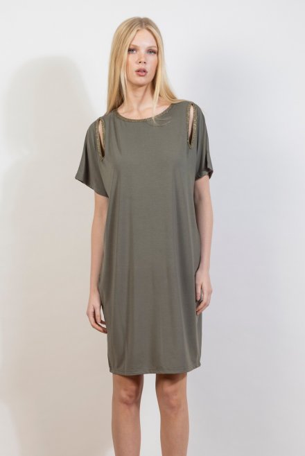 Jersey cut-out mini dress with knitted details khaki