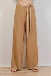 linen blend wide leg pants with knitted belt dark beige