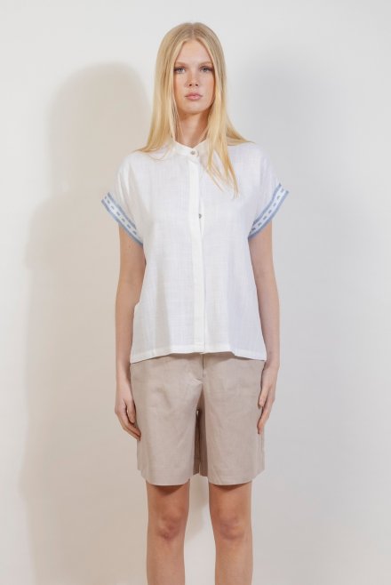 Linen blend short  sleeved  shirt with knitted details ivory