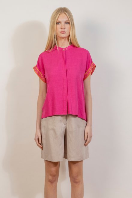 Linen blend short  sleeved  shirt with knitted details fuchia