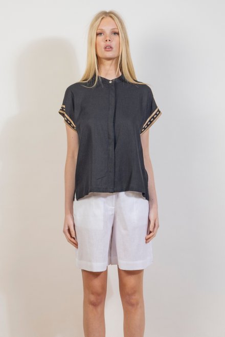 Linen blend short  sleeved  shirt with knitted details black
