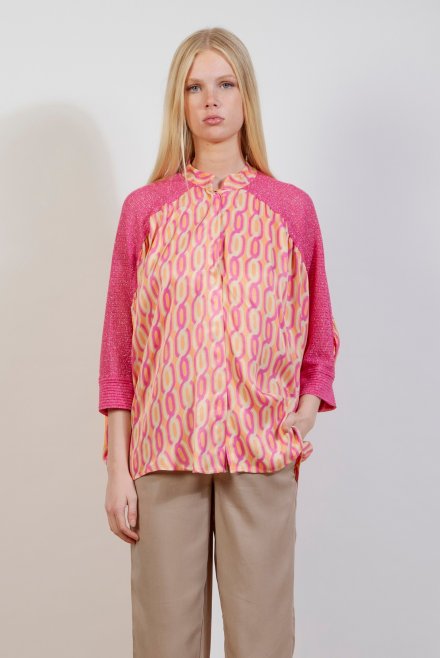 Satin printed oversized shirt with knitted details orange - fuchsia - sand