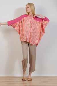Satin printed oversized shirt with knitted details orange - fuchsia - sand