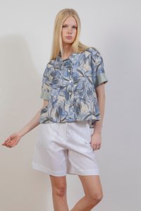Linen blend leaf print shirt with knitted details ciel- ivory
