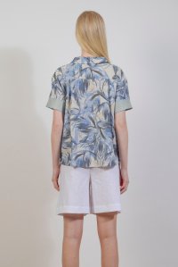 Linen blend leaf print shirt with knitted details ciel- ivory