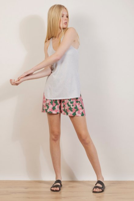 Printed cotton voile shorts with knitted details pink-green