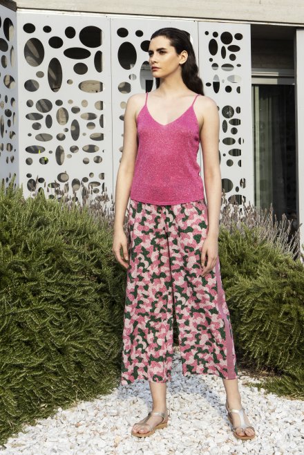 Printed cotton voile pants with knitted details pink-green