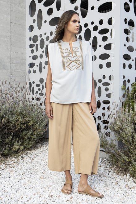 Crepe marocaine top with knitted details ivory