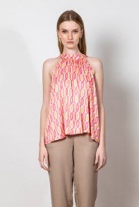 Printed haltherneck top with knitted details orange - fuchsia - sand