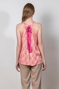 Printed haltherneck top with knitted details orange - fuchsia - sand